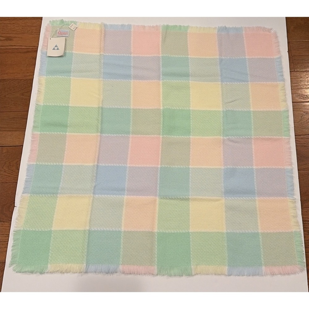 Baby Blanket Three Weavers Pastel Pink Blue Green Squares Acrylic NWT Vintage